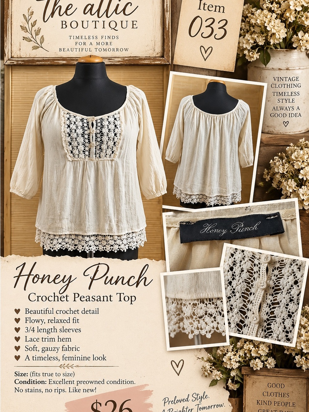 Honey Punch Cream Crochet Peasant Blouse